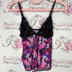 Bcbg tank top crop floral mesh black pink purple white logo straps sexy cute